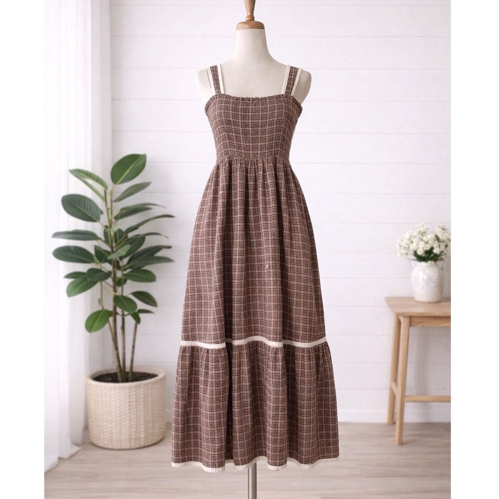 Cider Brown Plaid Maxi Dress with Cream Trim